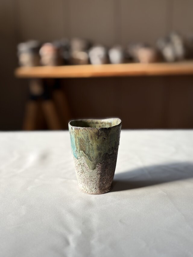 ゆらぎ流彩釉杯　こげ茶×緑