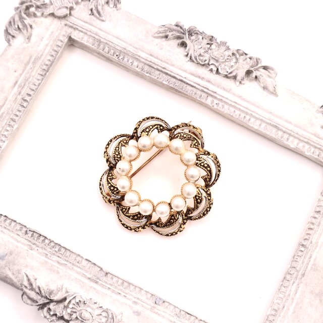 【フランス買付】 パール × ゴールド フラワーリース ブローチ＊Vintage French Classic 1960s