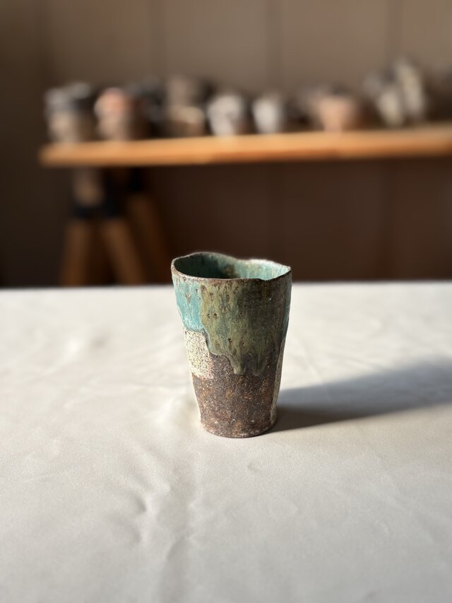 ゆらぎ流彩釉杯　こげ茶×緑