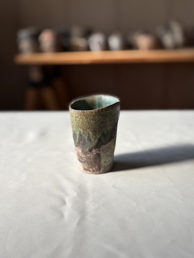 ゆらぎ流彩釉杯　こげ茶×緑