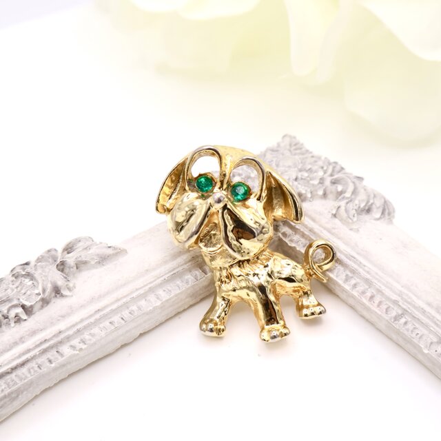 【フランス買付】グリーンアイ ドッグ ブローチ＊Vintage Charming Animal Jewelry 1960s