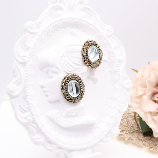 【アメリカ買付】オーロラアイスブルー × ラインストーン ピアス＊Vintage Graceful Glow1960s