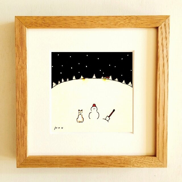 受注制作【原画・額入り】「雪の夜の物語」（18㎝角）イラスト・冬の絵