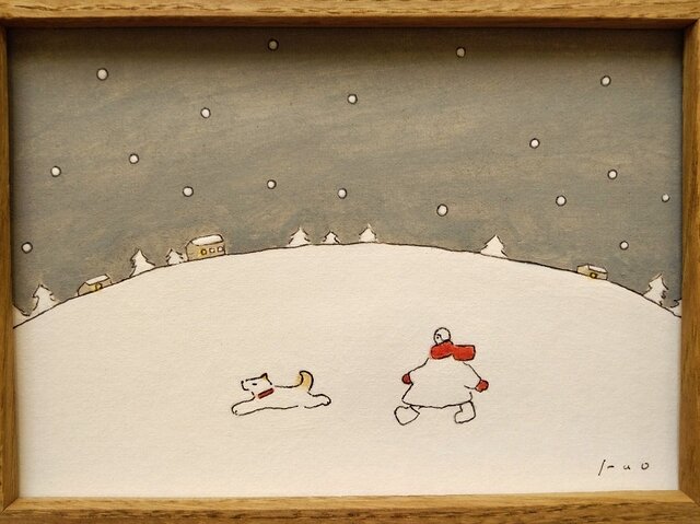 冬の夜の散歩道」 原画イラスト ※木製額縁入り インテリアアート