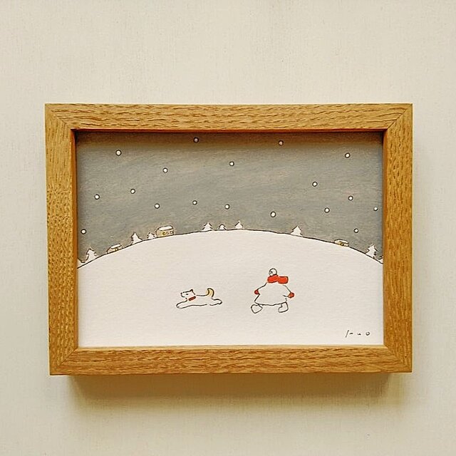 冬の夜の散歩道」 原画イラスト ※木製額縁入り インテリアアート