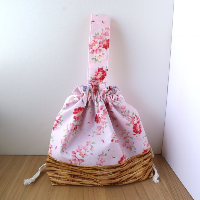 セール✨【送料無料】ワンハンドル巾着バッグ　在庫限り　かごバッグ風　巾着トート　和風　浴衣　花柄　No.416