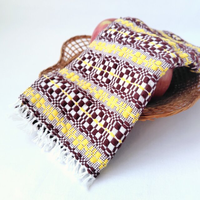 北欧手織り1点物：柔らかなコットンクロス(ブラウン×イエロー)