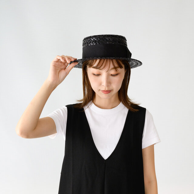 Orge オルジュ 麦わら 花麦カンカン帽 ブラック 58cm [UK-H154-BK-M