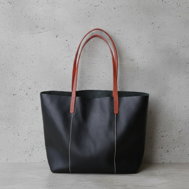 本革トートバッグ｜選べる持ち手カラー（ブラウン／ブラック）｜A4収納可能｜シボ革ブラック