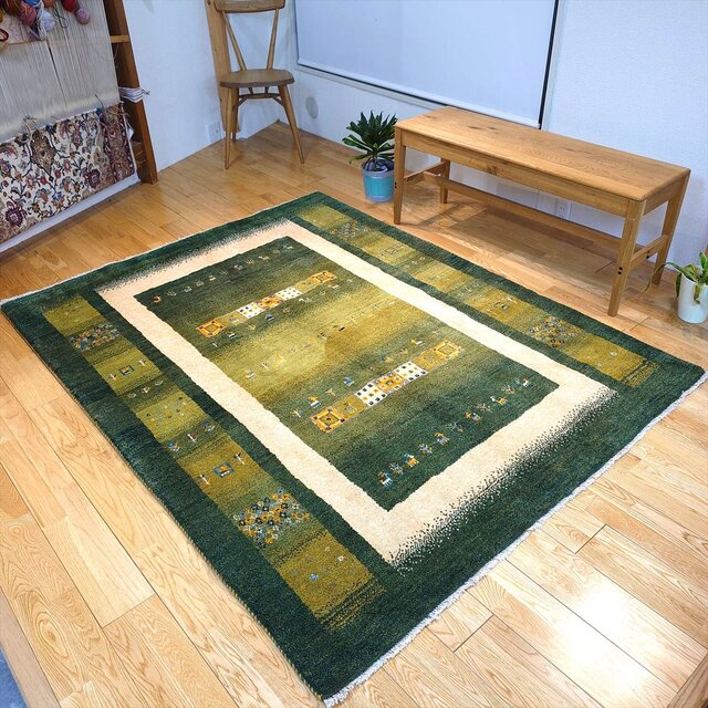 ペルシャ ギャッベ リビング ラグ 198x155cm 緑色 黄緑色 パネル ヤギ