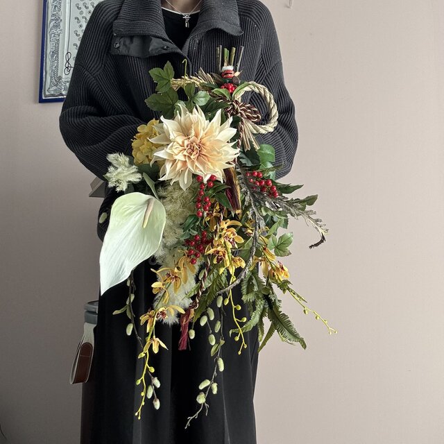 正月お飾り_着脱可能！_迫力の70cm！アンスリウムとダリアが