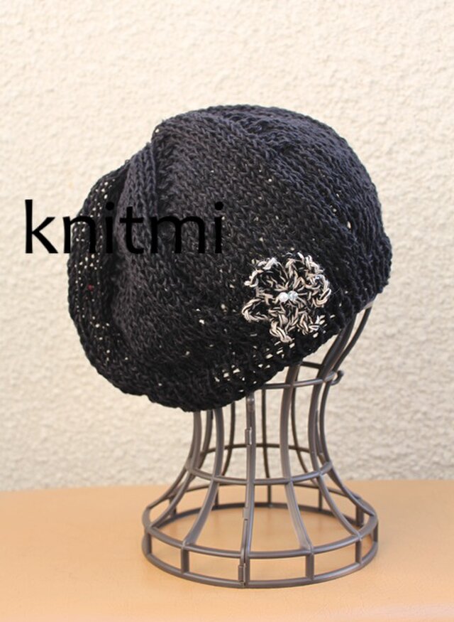 【オールシーズンリネン】しめつけない ニット ベレー帽子　ニット帽　ブラック　黒