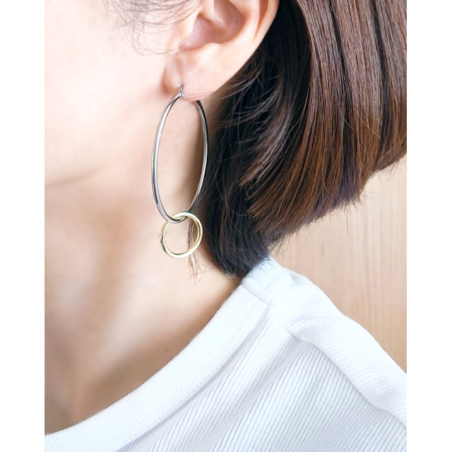 SUS316＊4.5cmフープピアス[Two-tone ring/Silver hoop]バイカラー