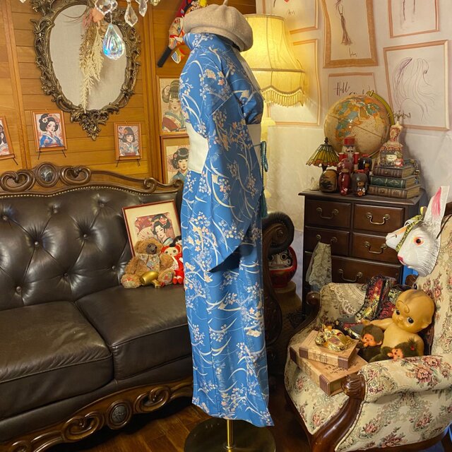 着物リメイク ロングワンピース ドレス 洗える 化繊 帯サッシュベルト 和洋折衷 レトロ 古着 ハンドメイド 清流に浮かぶ、春の夢 KW-1067 着物リメイク ロングワンピース ドレス 洗える 化繊 帯サッシュベルト