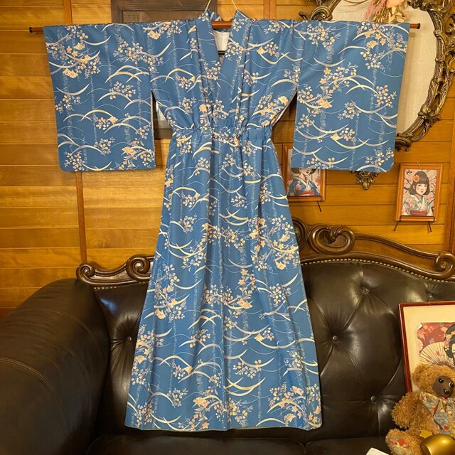 着物リメイク ロングワンピース ドレス 洗える 化繊 帯サッシュベルト 和洋折衷 レトロ 古着 ハンドメイド 清流に浮かぶ、春の夢 KW-1067 着物リメイク ロングワンピース ドレス 洗える 化繊 帯サッシュベルト