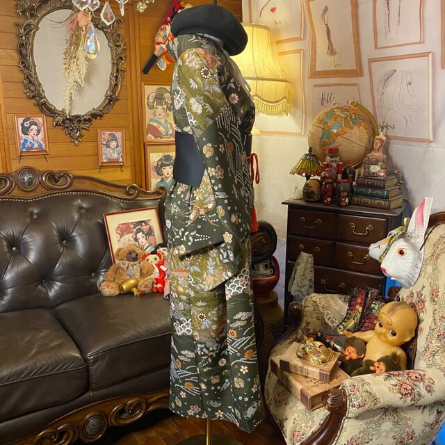 着物リメイク セミロングワンピース ドレス 洗える 化繊 名古屋帯サッシュベルト 和洋折衷 レトロ 古着 ハンドメイド 古典の叙事詩 KW-1068 着物リメイク セミロングワンピース ドレス 洗える 化繊 名古屋帯