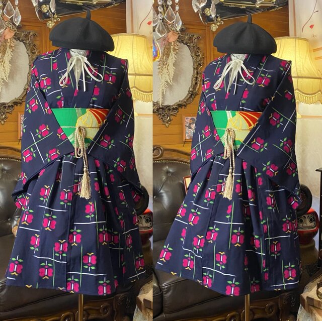 和洋折衷アンサンブル着物リメイクワンピース 帯サッシュベルト付き