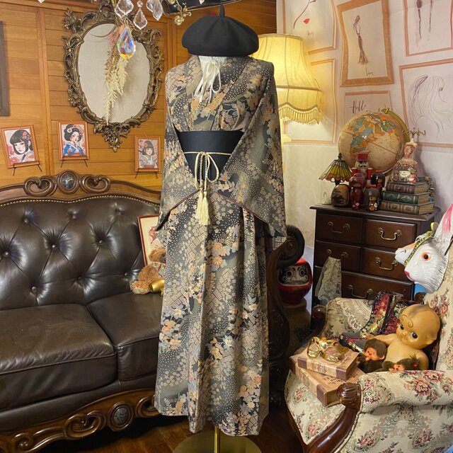 着物リメイク ロングワンピース ドレス 洗える 化繊 帯ベルト 和洋折衷