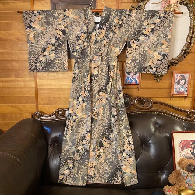 着物リメイク ロングワンピース ドレス 洗える 化繊 帯ベルト 和洋折衷