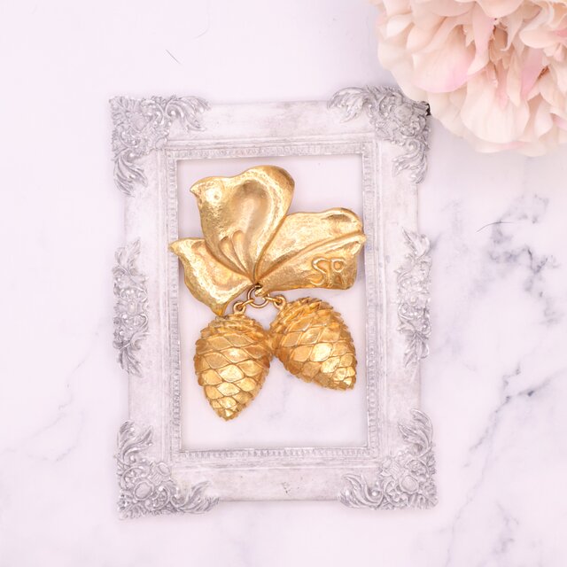 【Sonia Rykiel】ゴールド パインコーン ブローチ＊Vintage Artistic Style 1980s