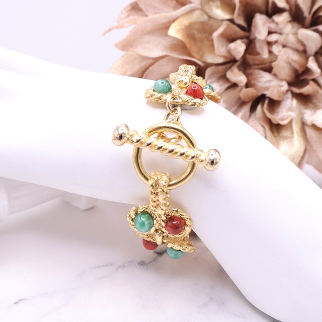 【フランス買付】 レッド＆グリーン カボション ブレスレット＊Rope Design Elegance 1970s