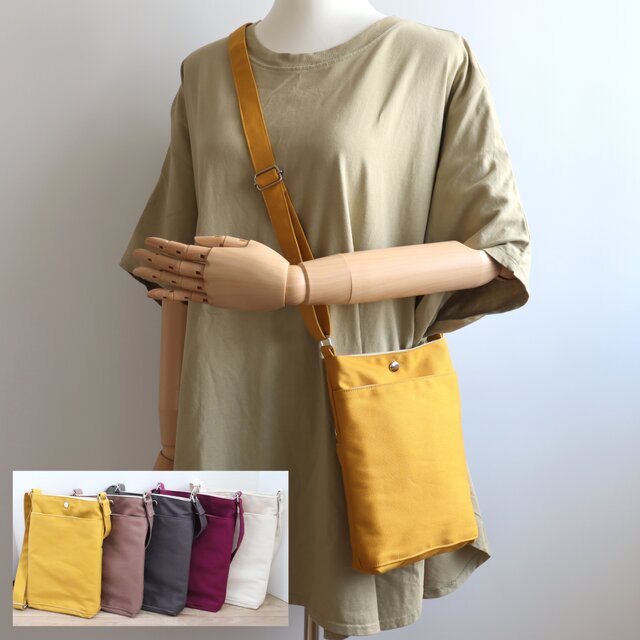 【送料無料】長財布がすっぽり入る大人の帆布ミニショルダーバッグ　からし　ポシェット　ミニバッグ　帆布バッグ　No.376