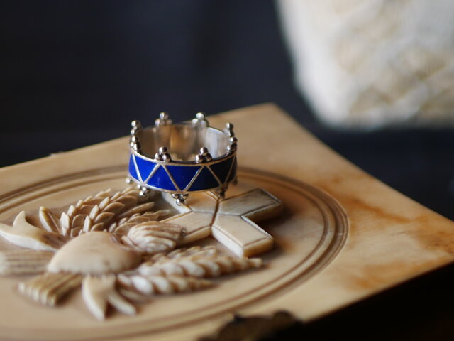 ブルーエナメル クラウン シルバーリング フランスヴィンテージ