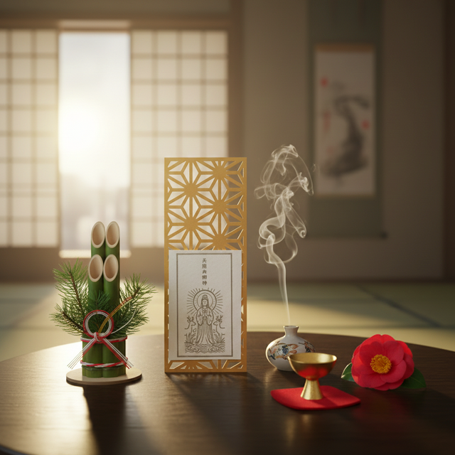 【香る和モダン活版画】天照大御神と麻の葉台板 - 希少な黒文字精油で整えるお正月飾り/香りの御守りアート