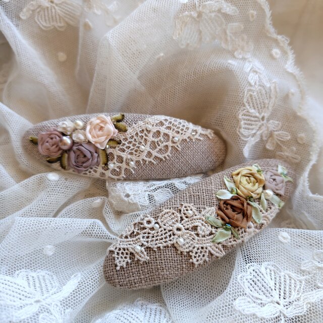 アンティーク ロマンティック コットン刺繍 レースリボン 楕円 花柄×12