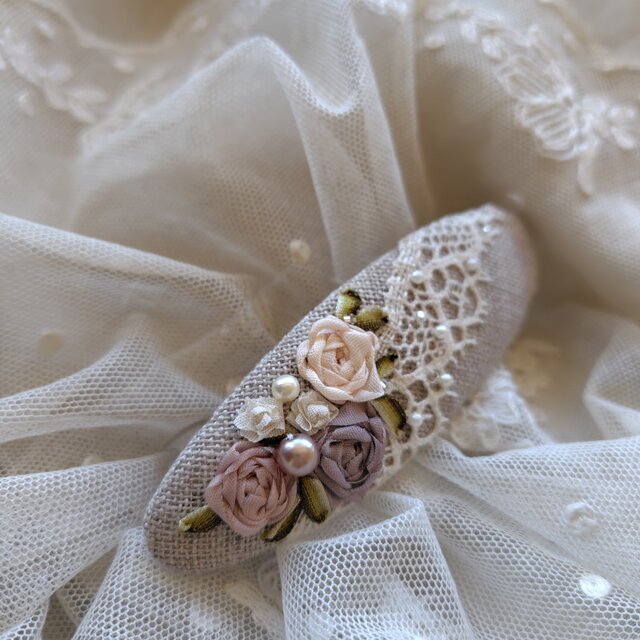 アンティークレース*リボン刺繍*バレッタ*b