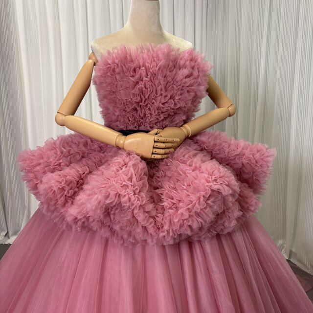 カラードレス ローズピンク ラッフルフリル 可愛い プリンセスライン
