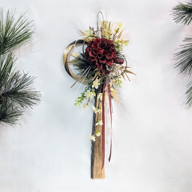 迎春水引飾り（黒金）ダリア ワイン 75 アーティフィシャルフラワー