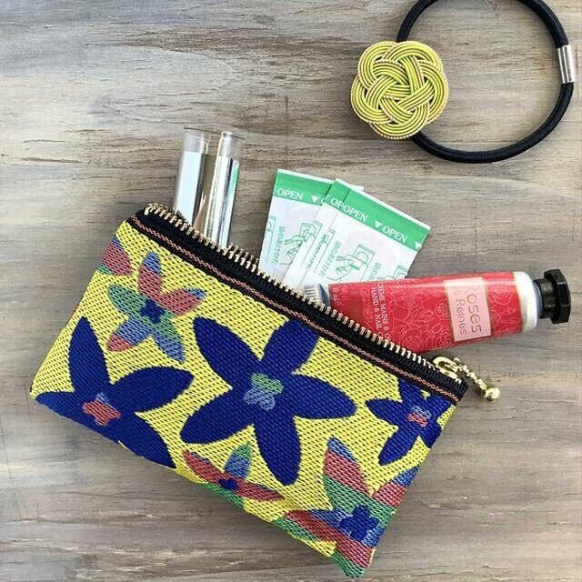 【スターフラワー】畳縁　ぺたんこ　ミニポーチ　カードケース　小銭入れ　和風　マルチカラー　黄色　カラフル