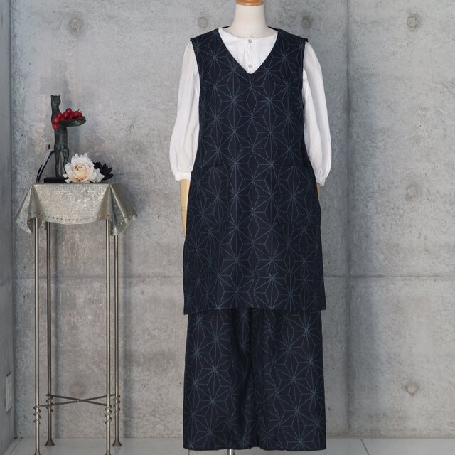 紬のぷっくらパンツとベストのセットアップ フリーサイズ 濃紺 大きめ