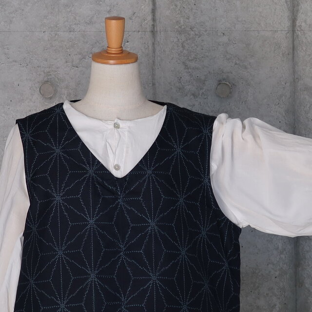 紬のぷっくらパンツとベストのセットアップ フリーサイズ 濃紺 大きめ