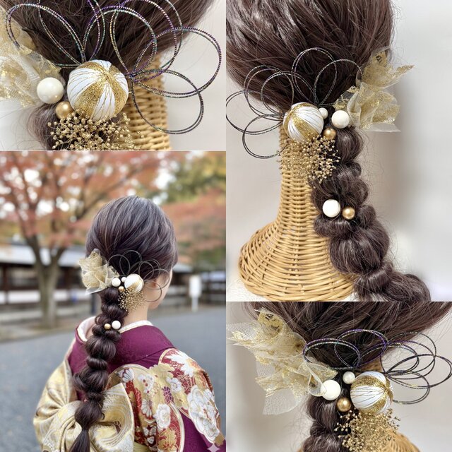 水引×和玉】ゴールド 髪飾り / 成人式 卒業式 袴 振袖 ウェディング