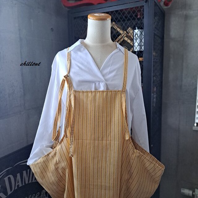 【背中がかわいい】エプロンドレス：イエロー：ストライプ【1013】