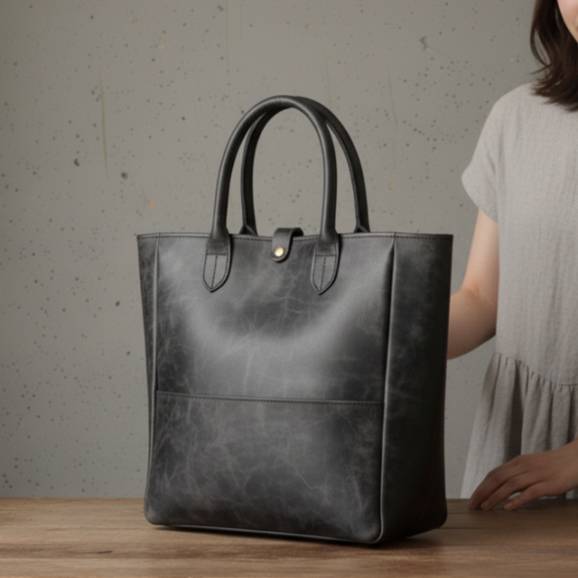 ブラックイタリアンレザートート｜プルアップの艶を愉しむバケッタ製法｜A4収納・自立型（36×36×12cm）｜ストラップ