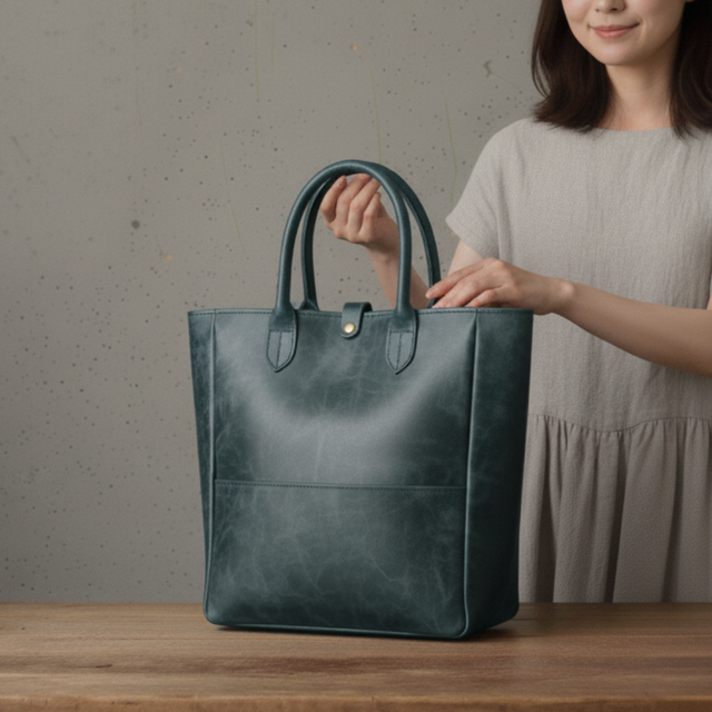 ネイビーイタリアンレザートート｜プルアップの艶を愉しむバケッタ製法｜A4収納・自立型（36×36×12cm）｜ストラップ