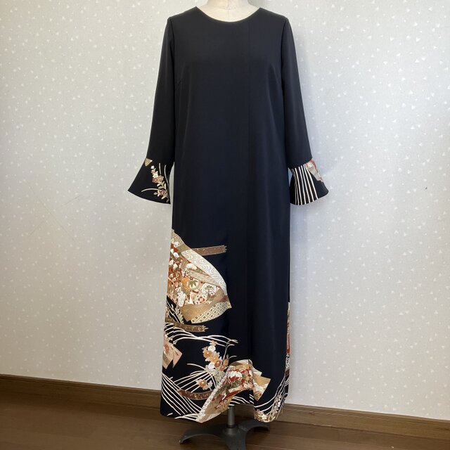 No.165ロングワンピースM〜L11号留袖ドレス着物リメイク袖口フリル