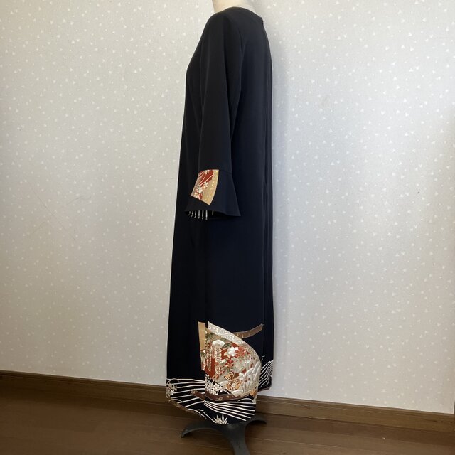 No.165ロングワンピースM〜L11号留袖ドレス着物リメイク袖口フリル