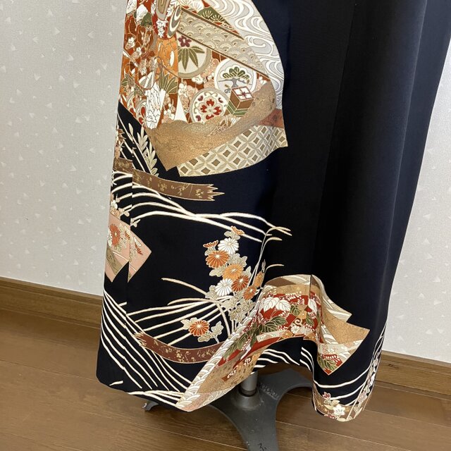 No.165ロングワンピースM〜L11号留袖ドレス着物リメイク袖口フリル