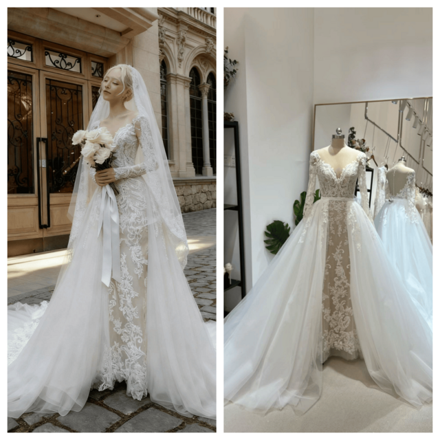 ウェディングドレス 韓国風ドレス 長袖 贅沢な小花総レース 取り外しロングトレーン マーメイドライン 拳式