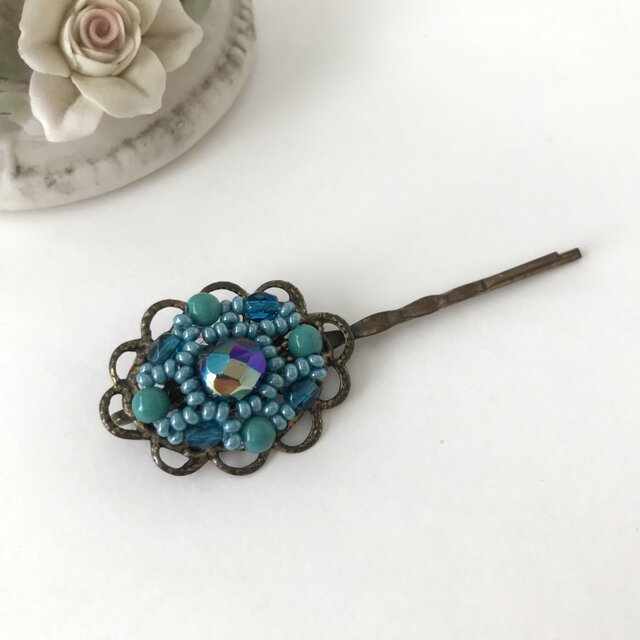 オーバル形 アンティーク調 ヘアピン レース モチーフ チェコガラス ビーズ ターコイズブルー