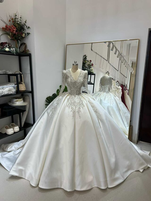 ウェディングドレス ビジュードレス 韓国風ドレス ロングスリーブ Vネック プリンセスライン 花嫁