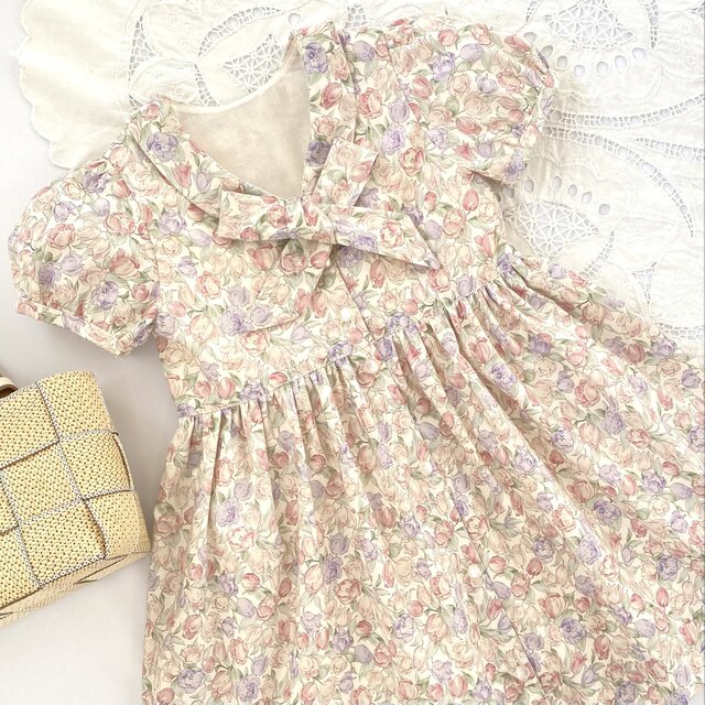【受注製作】ボウタイリボン付きワンピース　ピンクチューリップ　半袖パフ前開き　可愛い　3,4, 5,6,7,8,9,10,11Y