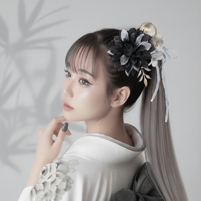 成人式 髪飾り 黒×銀 ブラック&シルバー｜卒業式 袴 和装ヘア No.SV76 振袖 着物 ポニーテール ヘアアクセサリー