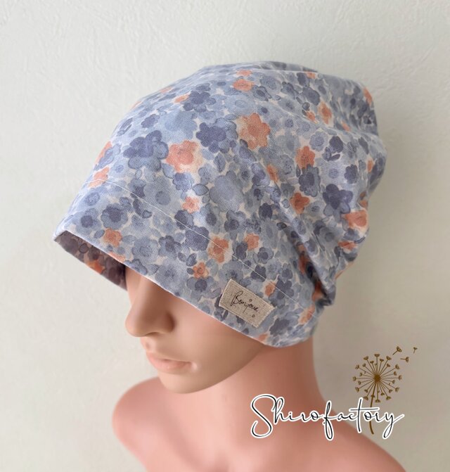 おしゃれでかわいいハンドメイド帽子《minnetto(ミネット)ブルグレー✖️オレンジ》医療用帽子　ケア帽子　カフェ帽子