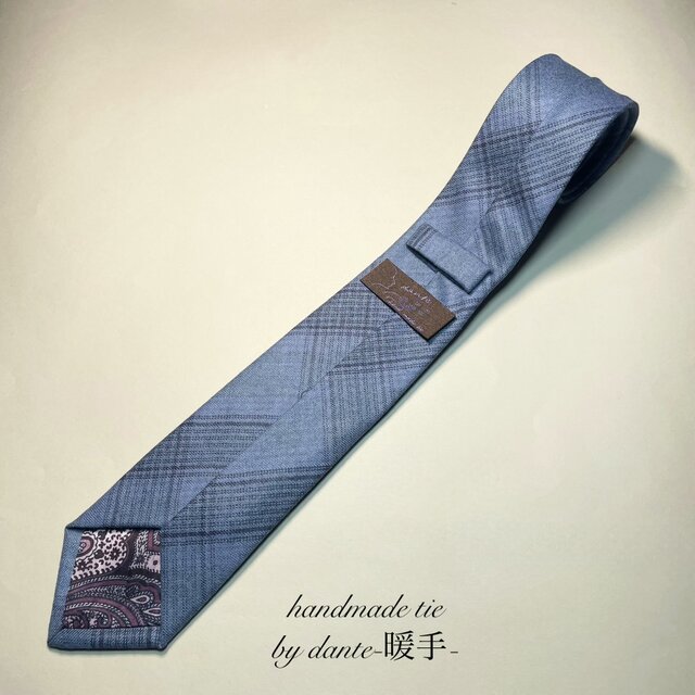 【受注製作】ブル　グレー　イタリア　チェック　ペイズリー　ネクタイ　プレゼント　ギフト　　【別途】名入れ　イニシャル