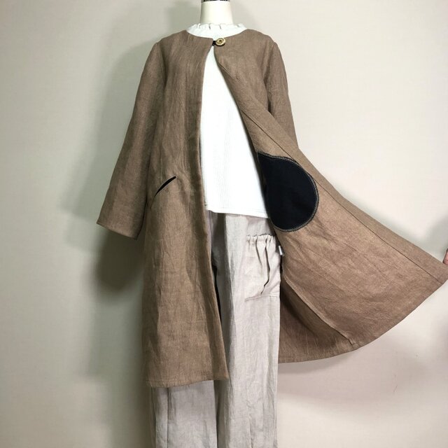 リネンのロングコート 猫ポケ【ドンゴロス・カフェラテ】厚手リネン100